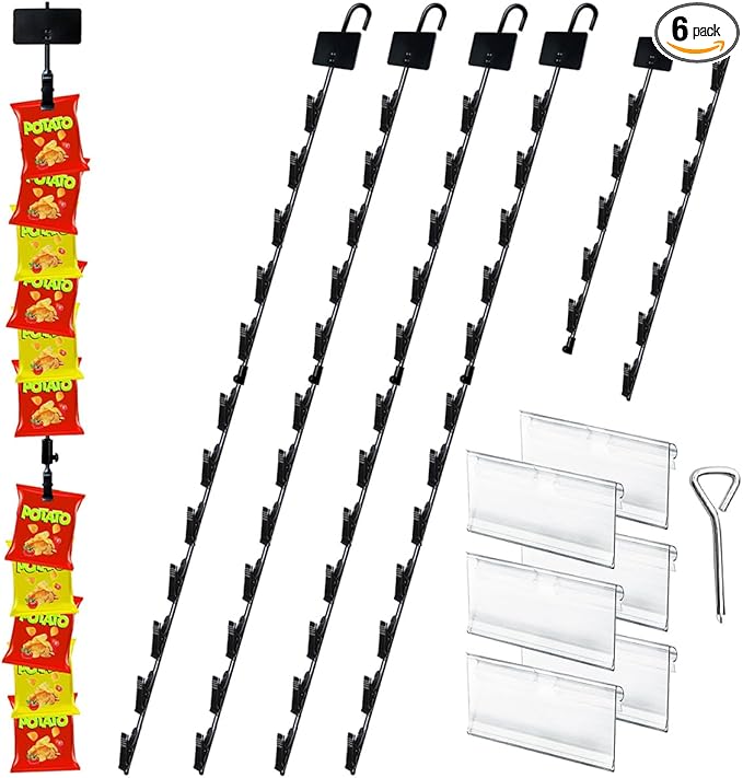 Hanging Merchandise Strips with Hooks Chip Display Rack Stands Potato Bag Holder 12 Clips for Retail Displaying Label Headers Greeting Card Party Vendors Snack Candy Portable Organizer Storage 6 Pack