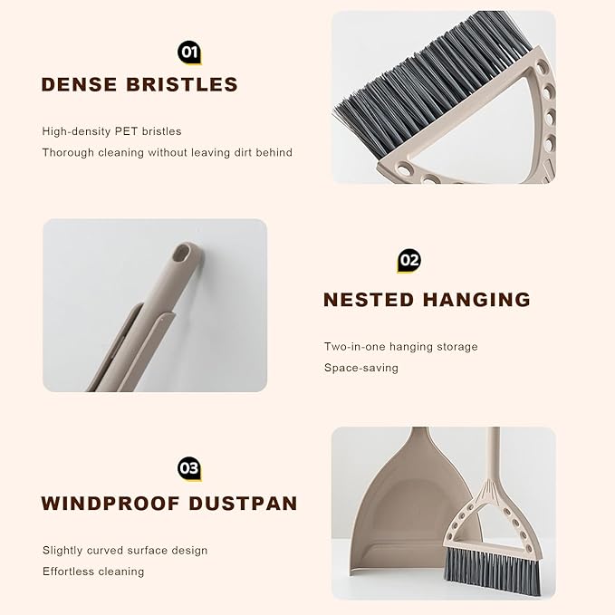 Mini Broom and Dustpan Set Small Dust pan and Brush Set Perfect for Desk Office Camping Dorm RV Essentials (Khaki)