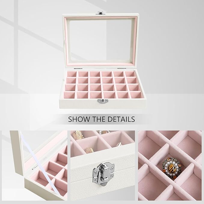Wudygirl Small Jewelry Organizer 24 Grid Jewelry Box with Clear Lid Velvet Ring Holder Earring Organizer Jewelry Tray for Drawer Jewelry Display Case for Women Gift (Pink)