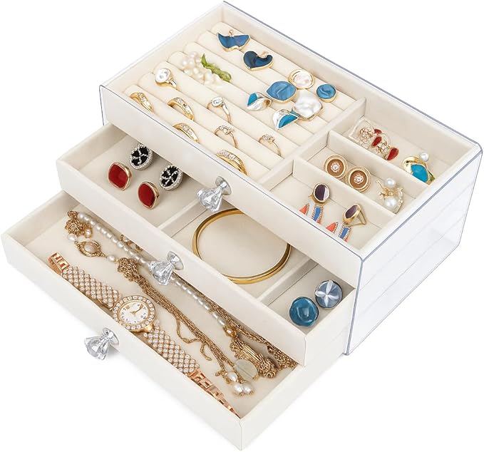 Earring Holder Organizer, Acrylic Jewelry Box with 3 Drawers, Earring Storage Box for Earrings, Rings, Necklaces, Bracelets, Jewelry Organizer and Storage for Women, Velvet Trays, IDEAL Gift