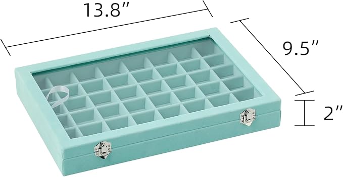 Frebeauty 48 Grid Jewelry Tray,Adjustable Earring Holder Organizer with Glass Lid,Velvet Drawer Jewelry Organizer for Rings,Studs,13.8 x 9.5 x 2 Inches Jewelry Display Box,Gift for Women(Turquoise)