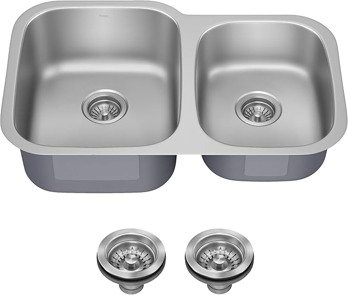 KRAUS Premier 32-inch Undermount 60/40 Double Bowl with Low Divider 18-Gauge Stainless Steel Kitchen Sink with Strainers (x2), KBU24