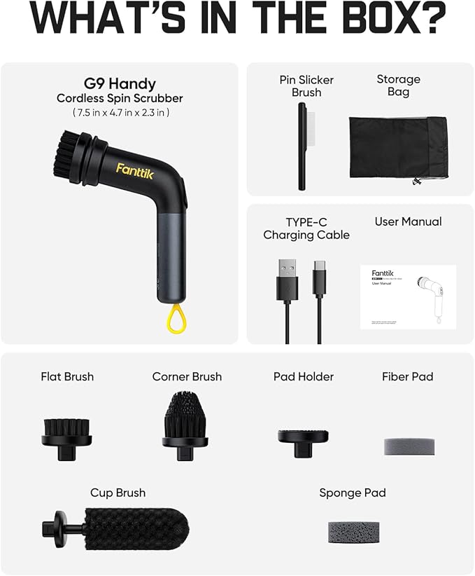 Fanttik G9 Handy Cordless Electric Spin Scrubber, MagnaStorm Motor, Dual-Speed, 5 Brush Heads, LED Display, IPX7 Waterproof, 2500mAh with Type-C Charging, for Kitchen, Sink, Tile, Stove