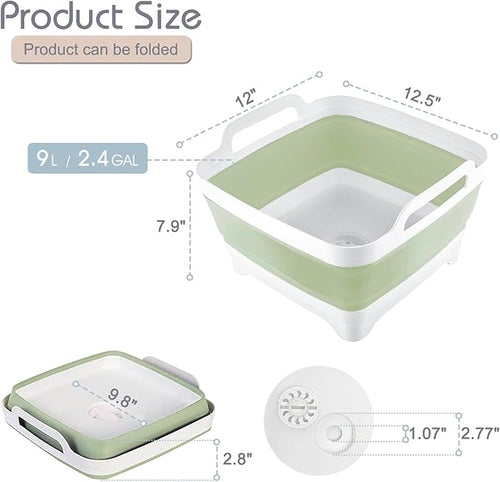 2.4 Gal(9L) Collapsible Dish Basin with Drain Plug, Space Saving Outdoor Multiuse Foldable Sink Tub, Dishpan, Kitchen Storage Tray for Camping, Vegetable Washing, RV (Green)