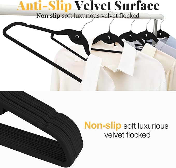 UEAKPIC Velvet Felt Stackable Hangers 50 Pack, Non Slip, with 360° Swivel Hook, Ultra Thin and Space Saving for Suits, Shirts, Coats, 15Lbs Capacity Heavy Duty, Black