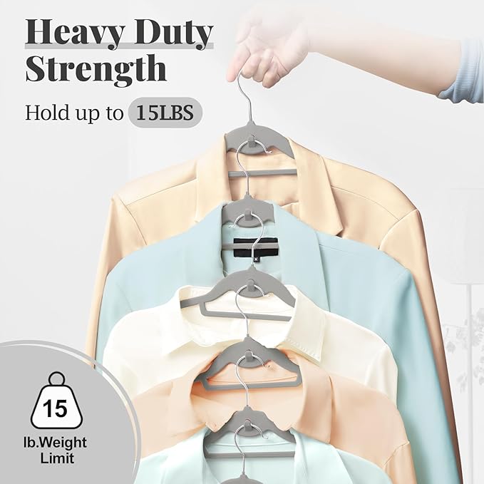UEAKPIC Velvet Hangers 50 Pack, S-Shaped and Stackable Non Slip with 360°Swivel Hook, Ultra Thin and Space Saving Flocked, for Suits, Shirts, Coats, 15Lbs Capacity Heavy Duty, Grey