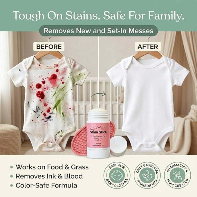 Mary’s Non Toxic Stain Remover Stain Stick with Scrub Base, Natural Refillable Laundry Stain Remover, Safe for Baby Clothes, Works on Blood, Grass, Food, Ink & Markers