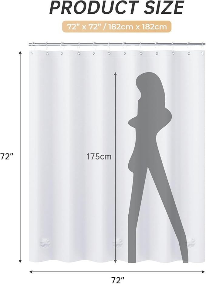 AmazerBath White Shower Curtain Plastic 72x72 Inches, Thick PEVA Shower Curtain Waterproof, Heavy Duty Shower Curtains for Bathroom with 3 Big Clear Weighted Stones and 12 Rustproof Grommets