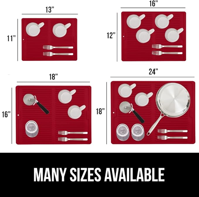 GORILLA GRIP 100% BPA-Free Patented Silicone Dish Drying Mat for Kitchen Counter, Water Catching Ribbed Design, Easy Clean Waterproof Sink Liner, Heat Resistant, Fits Under Rack, 12x16 Inch, Red