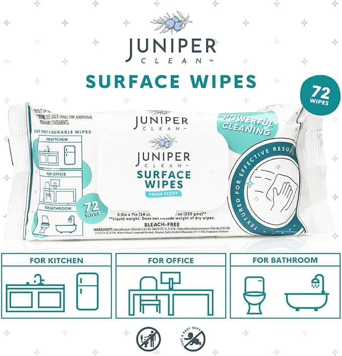 Juniper CLEAN 1 Pack Surface Cleaning Wipes Bleach Free, All-Purpose Cleaner for Bathroom, Kitchen, Office, 72 Count Soft Flow, Fresh Scent, Lint Free & Durable