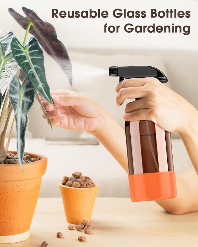Bontip Glass Spray Bottle with Silicone Sleeve Protection, Amber Glass Spray Bottle Set for Window Cleaner Aromatherapy Facial Hydration Watering Flowers Hair Care 2 Pack/16 oz (Black & Orange, 16 oz)