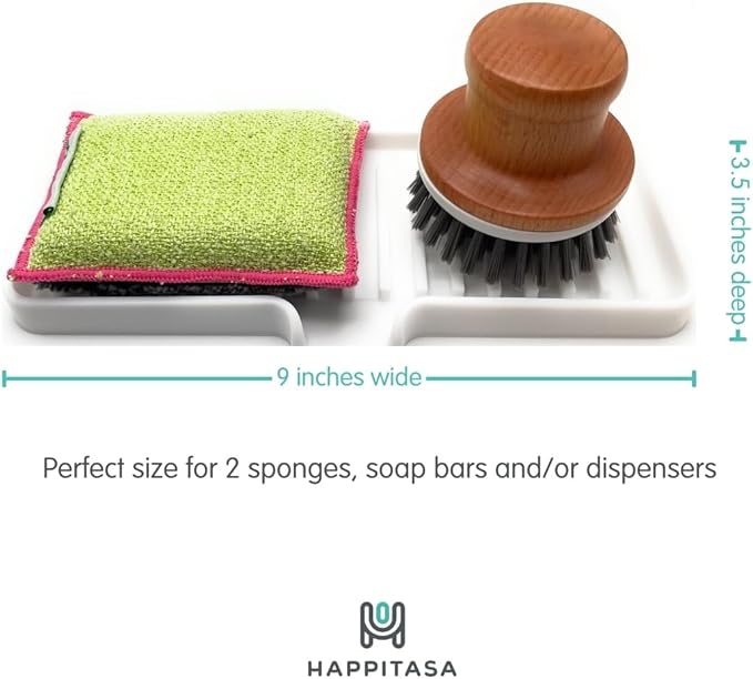 Happitasa Silicone Soap Dish Tray and Sponge Holder with Drain Chute | Bathroom and Kitchen Sink Organizer Caddy (Smoky Blue, 9"x3.5", 5.6 Ounces)