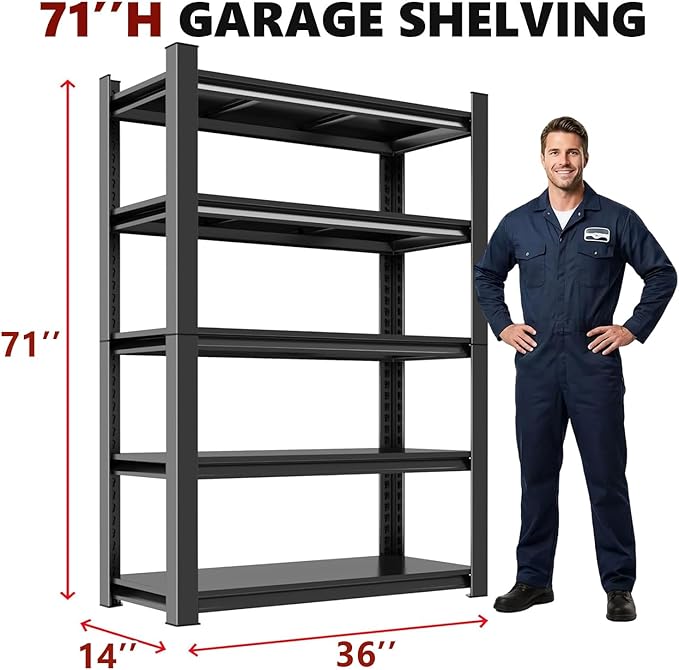Notmise 5-Tier Garage Shelving, Heavy Duty Adjustable Metal Storage Shelves Unit, Steel Shelf, 2000 lbs Capacity, Industrial Shelves for Heavy Tools and Equipment (71" H x 36" W x 14" D)