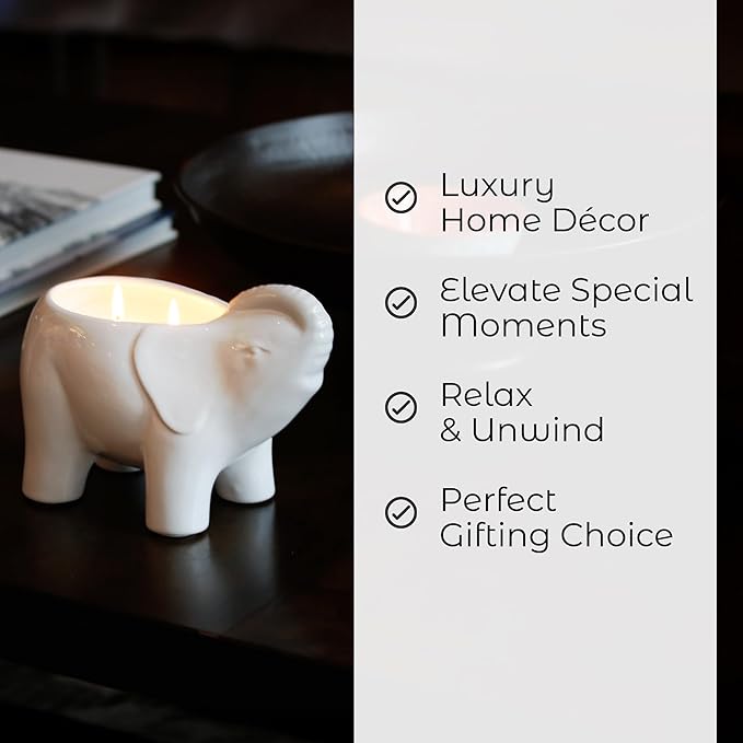 Luxury Elephant Scented Candle – Large 28oz Jar with Soy Wax Blend & 2 Cotton Wicks – Long Burn Time 180-240 Hours – Fall Candles, Fall Scented Candles, Soy Candle for Home & Holiday Décor (White)