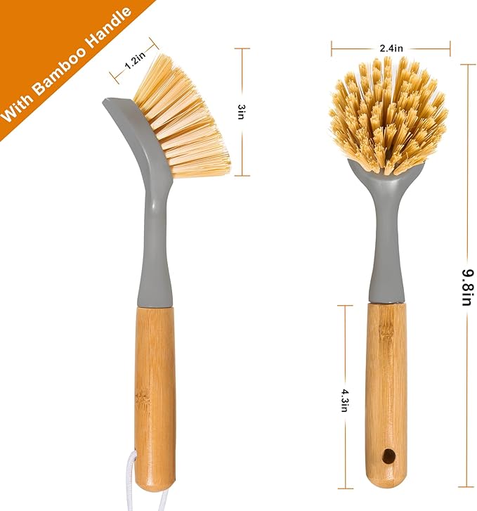 FunCee 2 Pack Kitchen Dish Brushes with Bamboo Handle, Dish Scrubber Built-in Scraper, Scrub Brush for Pans, Pots, Counter & Kitchen Sink Cleaning, Dishwashing and Cleaning Brush Tools, White
