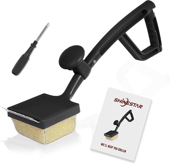 SHINESTAR Steam Grill Brush Bristle Free - Replaceable Cleaning Head with Unique Seamless-Fit Scraper, Durable Safe BBQ Cleaner for Cast Iron, Stainless-Steel & Various Grill Grate Types-Black