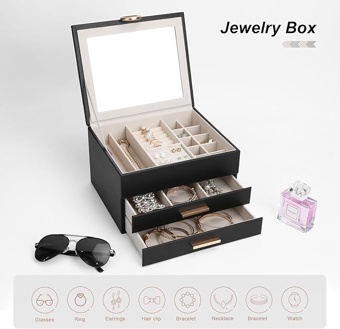 Women's Luxury Jewelry Armoire with Mirror - Compact 2-Drawer Chest with Ring Rolls & Necklace Hooks, Ideal Gift for Women Black