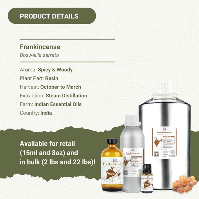 Frankincense Essential Oil - Direct from Madhya Pradesh, India - Pure Essential Oil for Diffusers and Aromatherapy | 100% Pure Therapeutic Grade Natural Aceite de Incienso (22lbs)