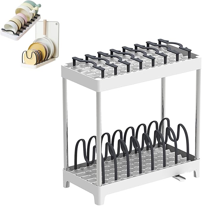 COMEOXO Double-Layer Pot and Pan Lid Organizer with Drainage, Adjustable 16 Compartments for Kitchen Cabinets - Bakeware, Cookware, Cutting Boards & Dishes (Dark Grey)