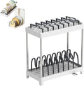 COMEOXO Double-Layer Pot and Pan Lid Organizer with Drainage, Adjustable 16 Compartments for Kitchen Cabinets - Bakeware, Cookware, Cutting Boards & Dishes (Dark Grey)