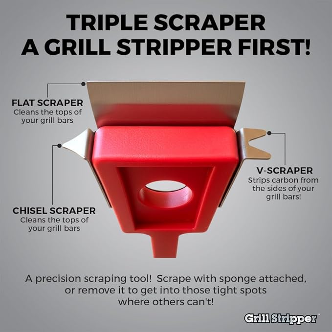 GRILL STRIPPER Bristle Free Grill Brush with Extra Sponge - Steam Grill Brush Bristle Free with Patent Pending Triple Scraper and Dishwasher Safe Replaceable Fire Resistant Steam Sponge