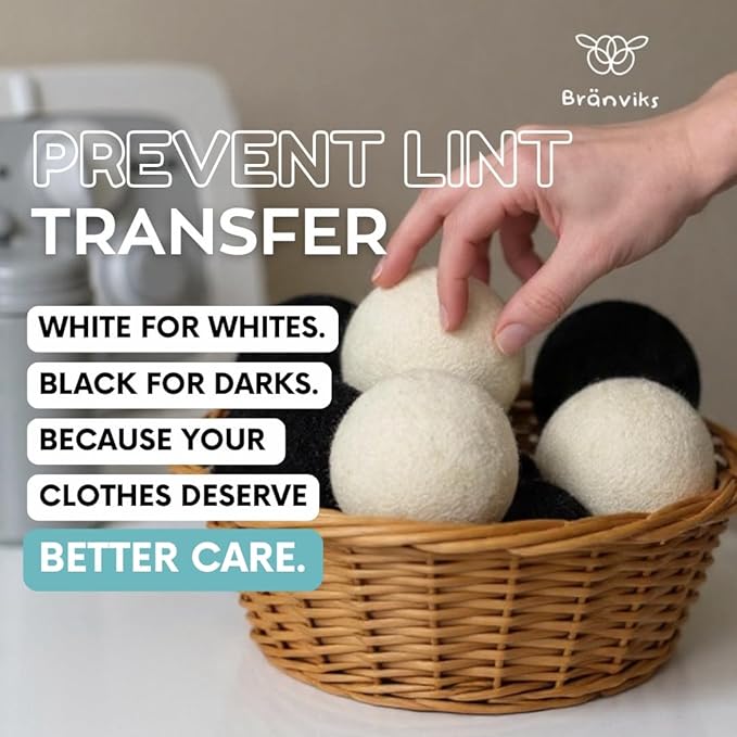 Wool Dryer Balls for Laundry – 6 XL Organic New Zealand Wool Balls | Anti-Static, Reduces Wrinkles, Shortens Drying Time | Reusable Eco-Friendly Fabric Softener Alternative (White & Black Set)