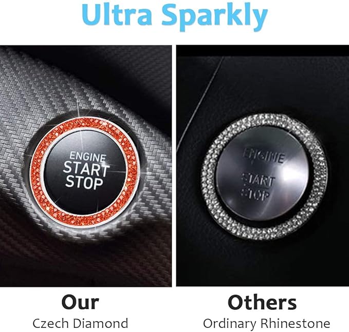 ToBeQueen Bling Car Crystal Rhinestone Ring Emblem Sticker, Car Interior Decoration, Bling Car Accessories for Women, Push to Start Button, Key Ignition Starter & Knob Ring (Orange)
