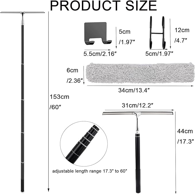 17.3″-60″ Squeegee for Shower Glass - Metal Squeegee with Extension Pole,Window Squeegee for Home, Shower Glass, Car Windshield, High Window, Floors