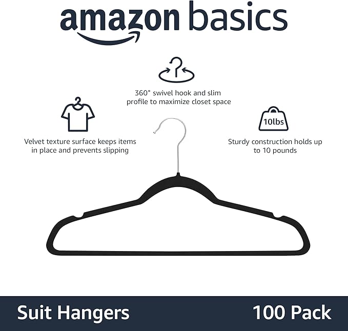 Amazon Basics Slim Velvet, Non-Slip Suit Clothes Hangers, Pack of 100, Black
