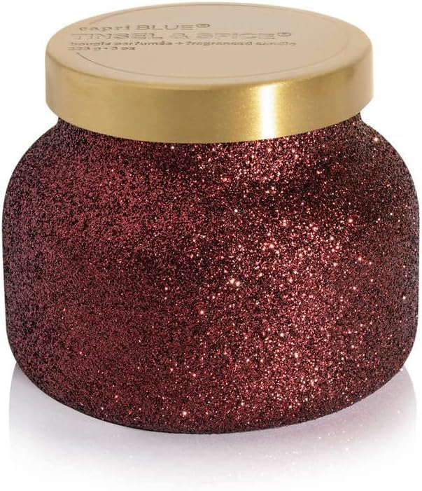 Capri Blue Petite Glam Jar Candle - Long Lasting Soy Wax Blend - Glitter Candles for Home Scented with Luxury Holiday Scents - Notes of Juniper Berry, Cinnamon & Vanilla (Tinsel & Spice, 8 oz)