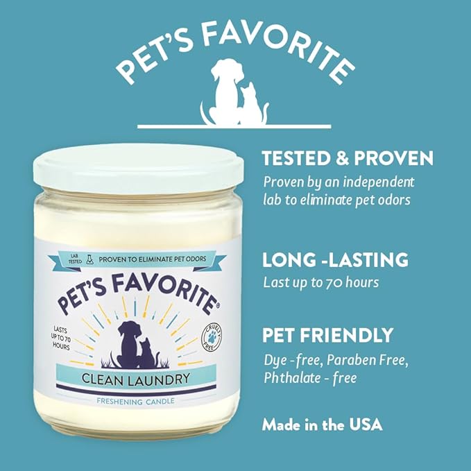 Pet's Favorite Pet Odor Candle, Clean Burning, Long Lasting Scented Candles with a Cotton Wick. (Fresh Laundry, Pack of 1)