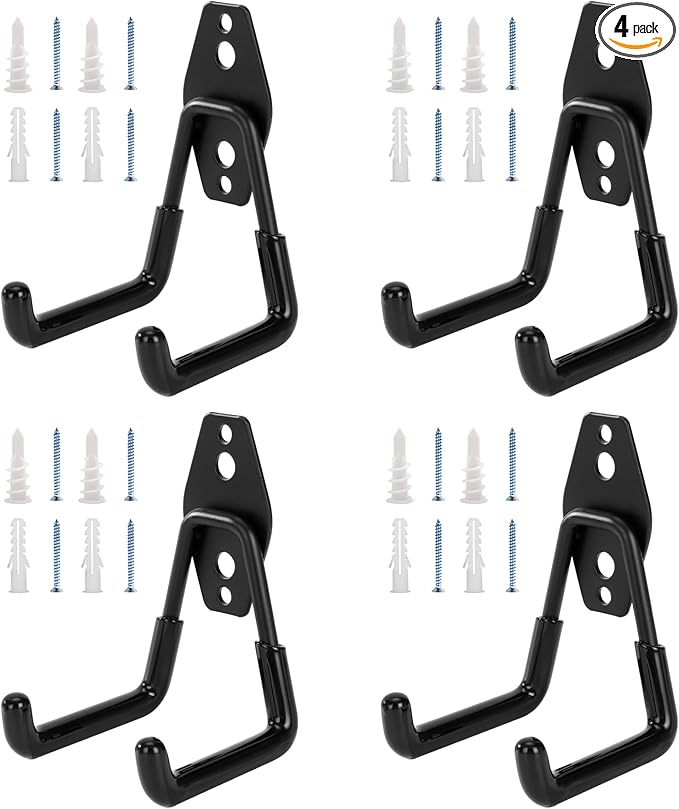KAROSOM 4 Pack Garage Hooks, Garage Tool Organizer Wall Mount, Heavy Duty for Utility Organizer, Steel Utility Garage Hooks for Ladders, Garden Tools, Bike