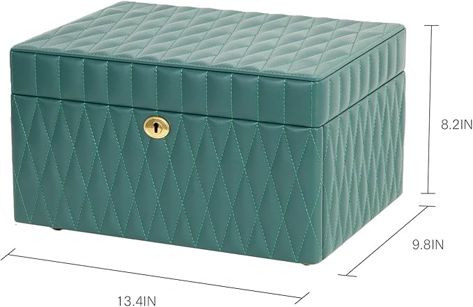 Genuine Leather Jewelry Box – 3 Layer Large Jewelry Organizer with Mirror, Lockable Jewelry Box for Women – Necklace, Ring, Earring Organizer with Drawer - Valentine's Day Gifts(Green)