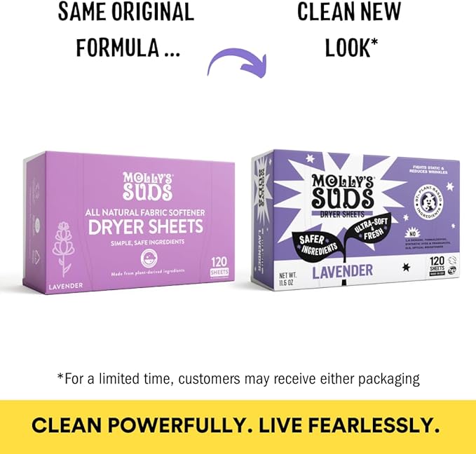 Molly's Suds Fabric Softener Dryer Sheets for Sensitive Skin | Plant-Based Static Reducer, Plastic-Free Packaging | Bundle of 2, Lavender (240 Sheets Total)