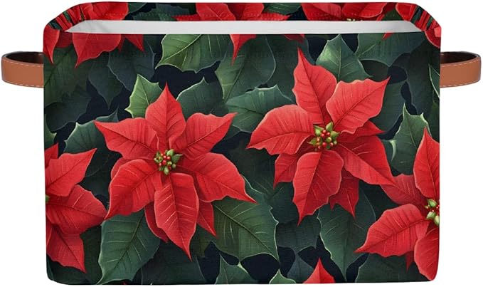 Storage Baskets Bin, Christmas Winter Poinsettia Collapsible Canvas Fabric Storage Bin Decorative Baskets Toy Organizer Rectangle Storage Boxes with Handles for Home Shelves Nursery, J-006