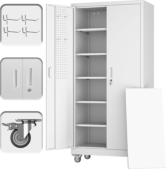 Garage Storage Cabinet with Wheels and Pegboard, Metal Storage Cabinet with 5 Adjustable Shelves for Garage Warehouse Office Utility Room,Required Assembly,71" H×34" W×18" D,White