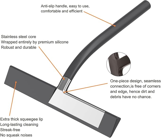 Anlynwooh All -Purpose Silicone Shower Squeegee for Shower Glass Door with Hook, Bathroom Accessories for Window Mirror Tile Car Shower Walls,Household Shower Cleaner Tool (Black, 11inch)