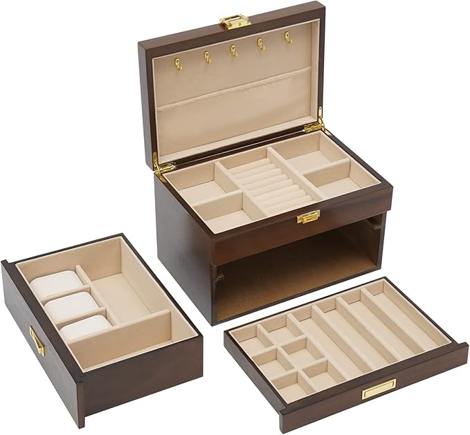 3-Layer Jewelry Box Organizer with Lock and Hooks,Jewelry Chest for Women Girls, Retro Display Jewellery Holder Organizer Storage Box for Necklace Earrings Rings Bracelets