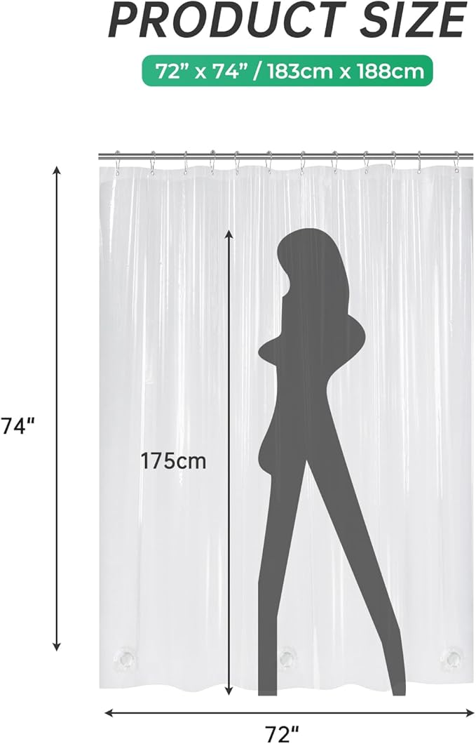 AmazerBath Plastic Shower Curtain Clear 72x74 Inches, Clear Shower Curtain Heavy Duty 8G Premium PEVA, Weighted Shower Curtains for Bathroom Accessories with 3 Big Stones and 12 Rustproof Grommets