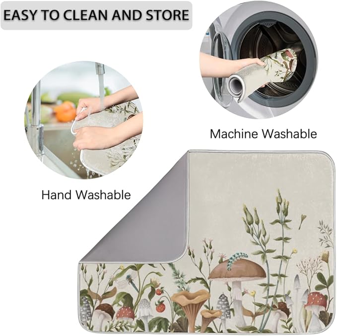 Hexteria Dish Drying Mat for Kitchen Counter Kitchen Drying Mat Dish Rack Mat Dish Drainer Pad Microfiber Absorbent Washable Drying Pad for Countertop, Mushroom