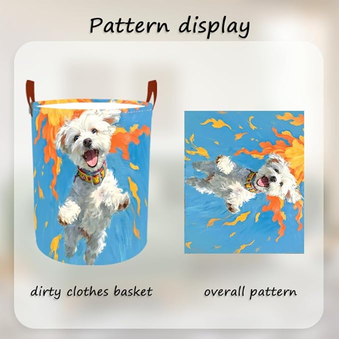 Laundry Basket 15.7x19.7 Inch Jumping White Dog with Sunshine Design Collapsible Laundry Hamper with Handles Oxford Fabric Foldable Clothes Storage Bin for Bedroom Bathroom Dorm