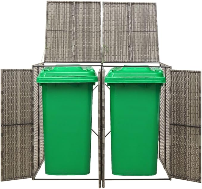 Double Wheelie Bin Shed Garbage Can Storage Shed, PE Trash Container Management Unit, Outdoor Patio Recycling Dustbin Trash Shed, Gray 55.1"x31.5"x46.1" Poly Rattan -AA