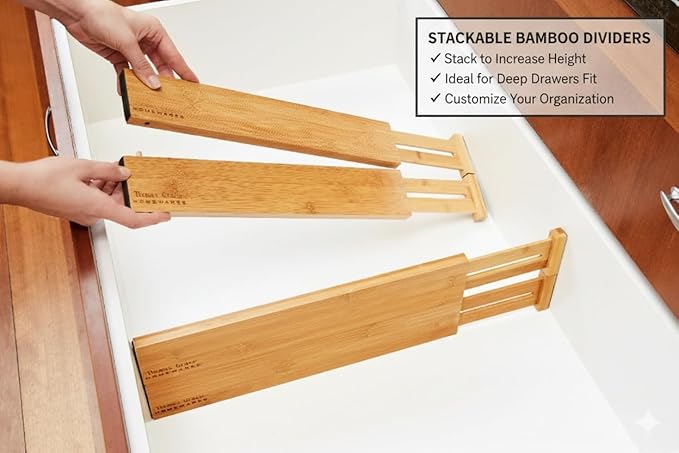 Thomas Grace Homewares Bamboo Kitchen Drawer Organizer Divider Stackable for Deep Drawers. (Set-of- 4) Spring Loaded Dividers that are Expandable & Adjustable. Kitchen Organizer.