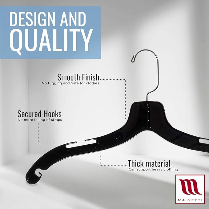 Mainetti 5400 Black Plastic Hangers - 50 Pack with 360 Swivel Metal Hook and Notches for Straps, Great for Shirts/Tops/Dresses/Jackets, 17-Inch