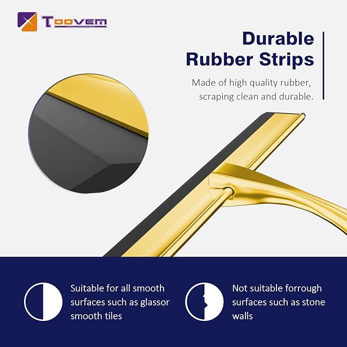 TOOVEM 14 Inch Shower Squeegee for Glass Doors, Window, Bathroom, Car Windshield, Shower Cleaning Tools with S Hook, Square Sticky Hook (Gold)