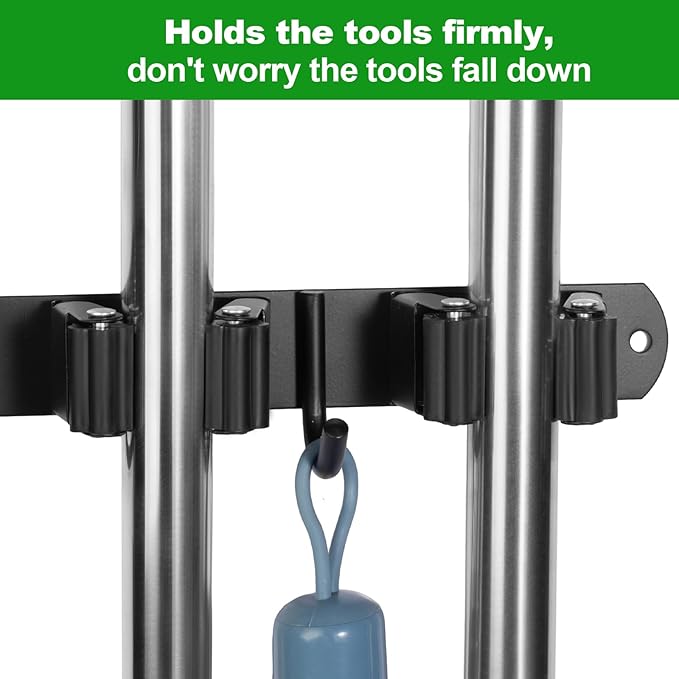 voze [2 Pack] 5 Racks and 4 Hooks Mop and Broom Holder Wall Mount, Self Adhesive Heavy Duty Broom Organizer Storage Tool Racks for Kitchen Garden Laundry Garage Black