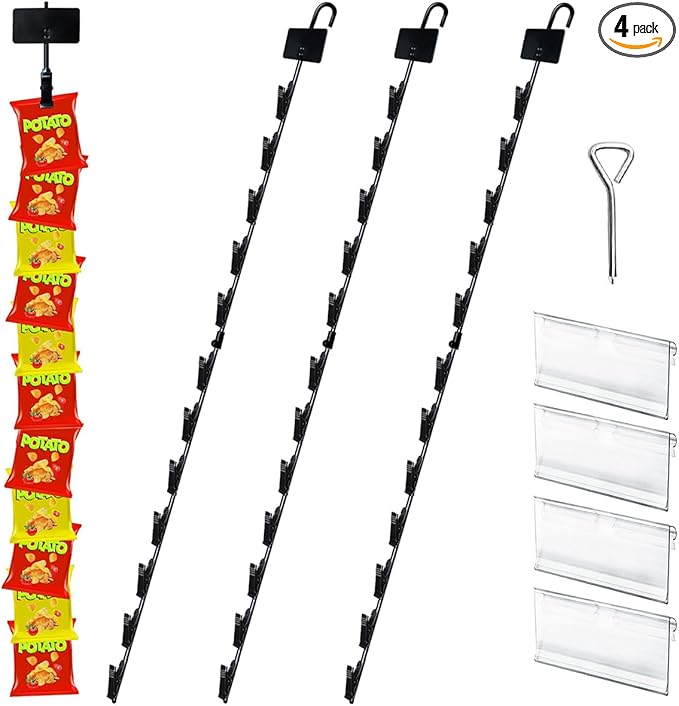 Dafftos Hanging Merchandise Strips with Hooks Chip Display Rack Stands Potato Bag Holder 12 Clips for Retail 32 inches Displaying Black Label Headers Card Snacks Metal 4 Pack