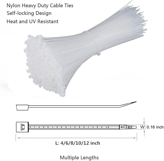 NewMainOne Self Locking Nylon Cable Zip Ties,4 6 8 10 12 Inches,Width 0.16inch,500Pcs HeavyDuty Wire Tie Wraps for Home,Office,Garden,Garage,Workshop (White)
