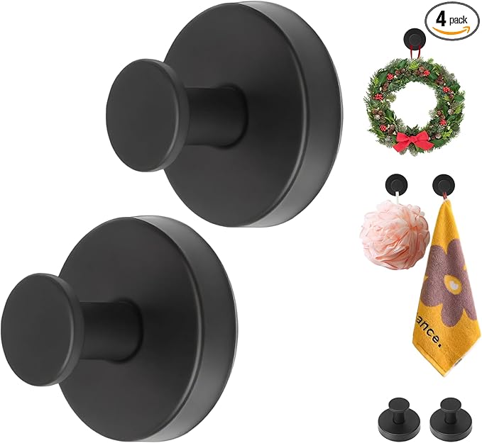 Suction Cup Hooks, Suction Cup Hooks for Shower,Removable Towel Hooks for Bathroom Window Glass Door Wall, Bath Robe Looafh Wreath Hook for Hanging (Gold) (Black, 2 pcs)