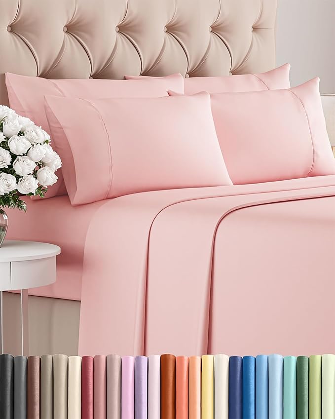 King 6 Piece Sheet Set - Comfy Breathable & Cooling - Ultra-Soft Hotel Luxury Bedding Set with 8-16 Inch Deep Pockets - 1 Flat & 1 Fitted Sheet & 4 Pillowcases - Wrinkle Free & Easy Care - Baby Pink